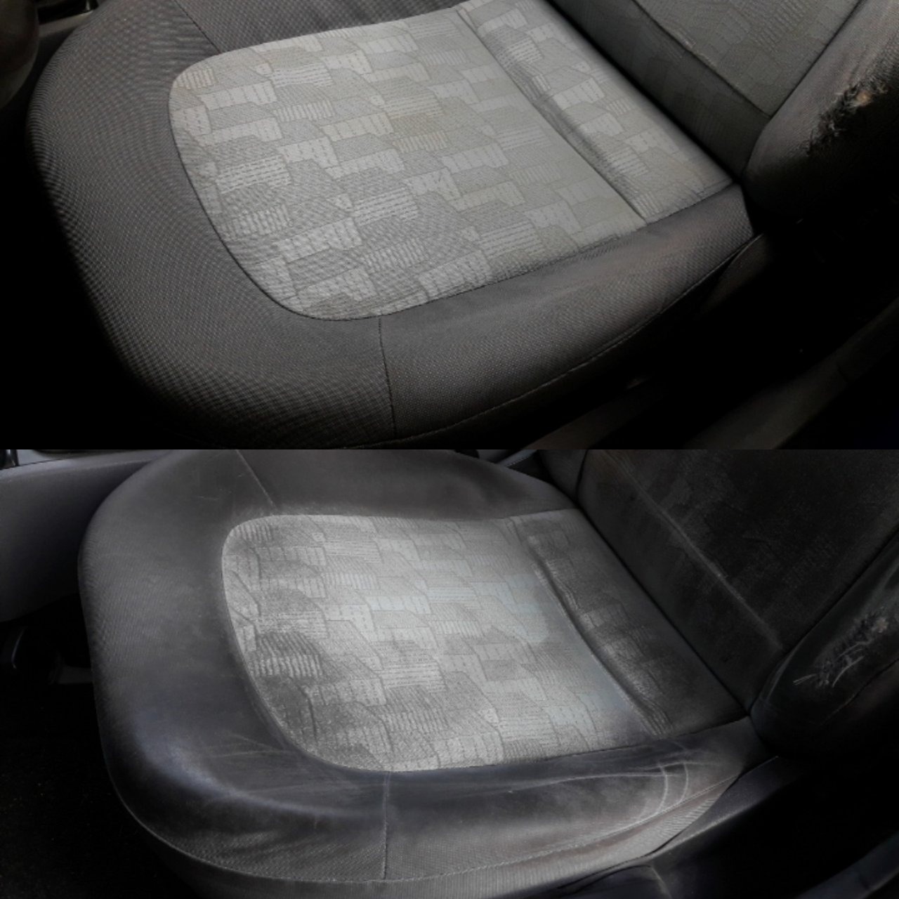 Porównanie: górna część fotela samochodowego z szarą tapicerką w geometryczny wzór, widocznie zabrudzona, zestawiona z dolną częścią, prezentującą ten sam fotel po procesie czyszczenia,...