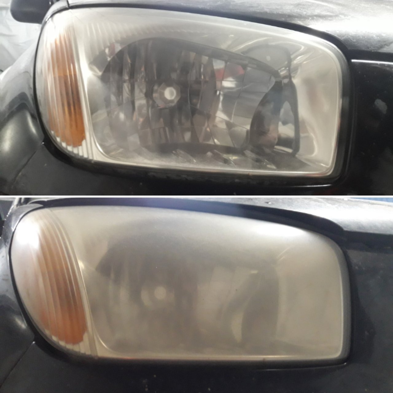 Reflektor samochodowy przed i po czyszczeniu, widoczna znaczna poprawa przejrzystości szkła reflektora.