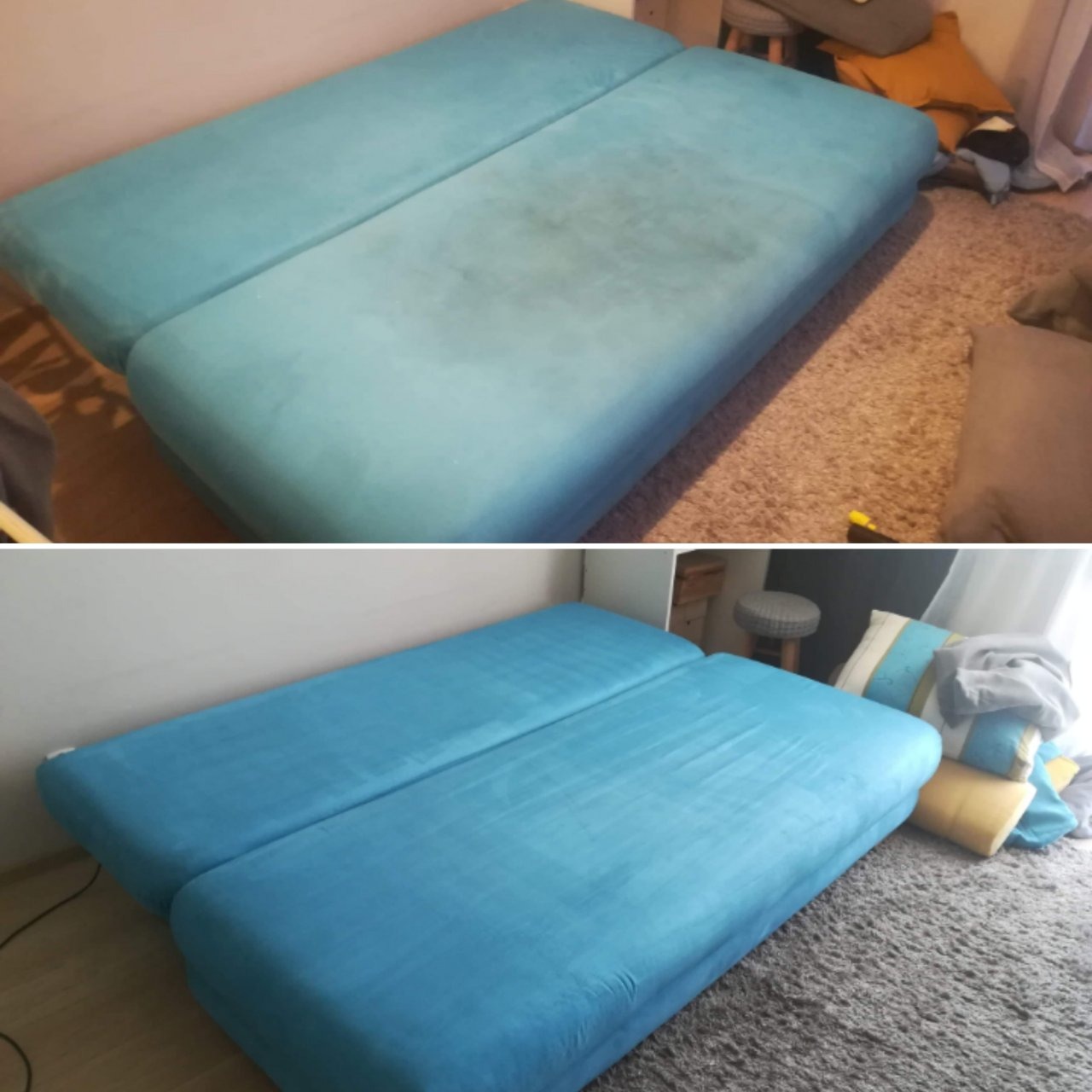 Porównanie: kanapa z jasnoniebieską tapicerką przed i po praniu, widoczne różnice w czystości na środkowej części siedziska.