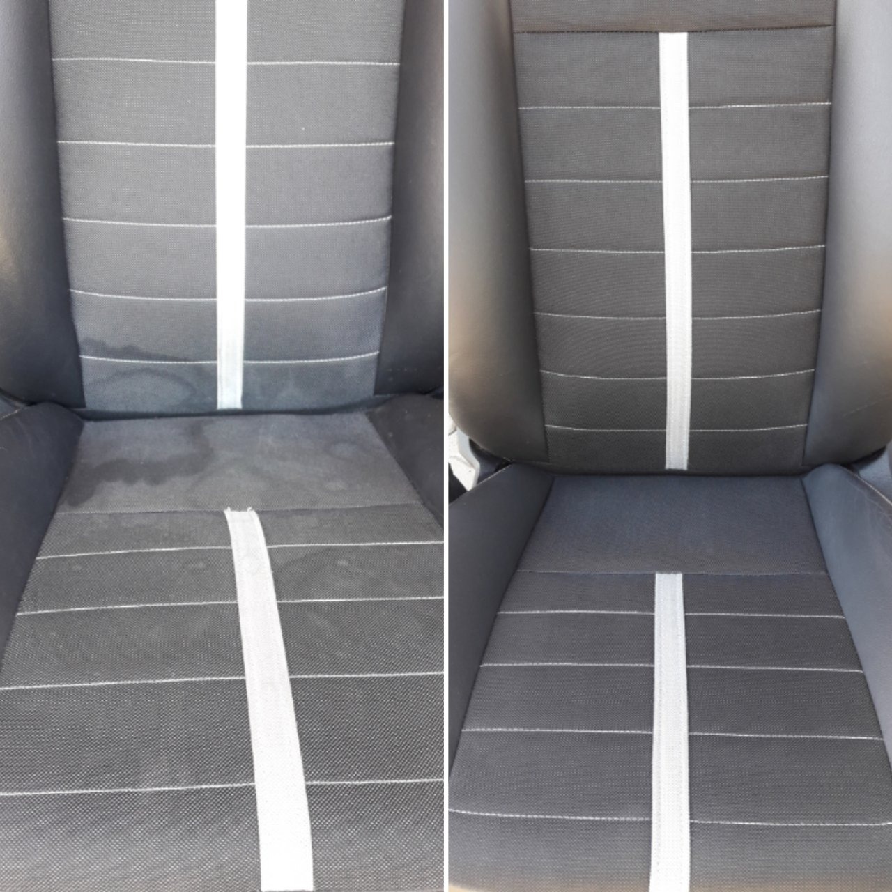 Porównanie fotela samochodowego przed i po czyszczeniu: po lewej stronie widoczne plamy, po prawej czysty, odświeżony materiał z białym pasem pośrodku.