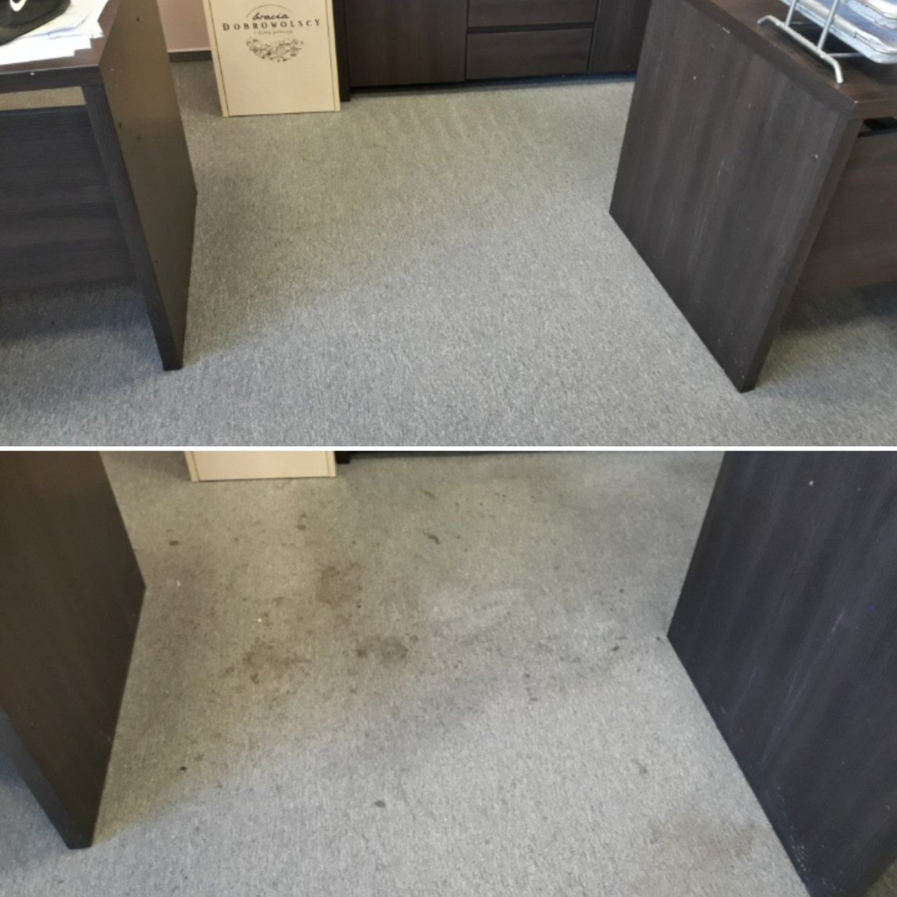 Porównanie fragmentu szarej wykładziny biurowej przed i po czyszczeniu, widoczne różnice w odcieniu i usunięcie zabrudzeń między biurkami.