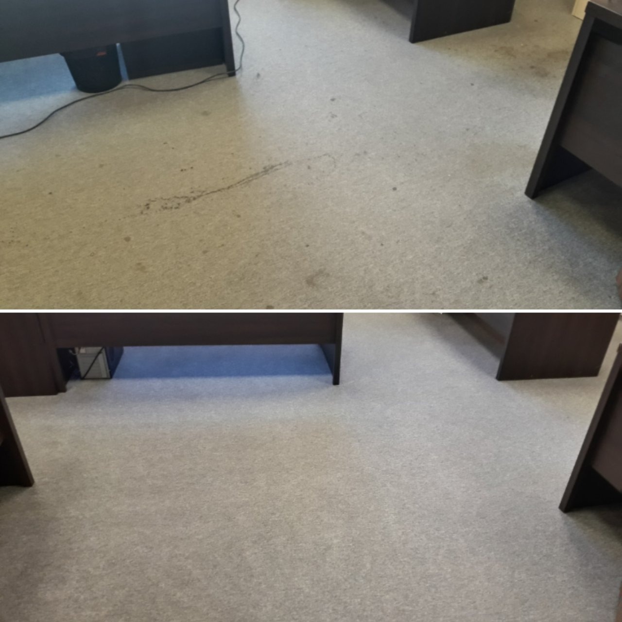 Porównanie fragmentu biura przed i po czyszczeniu wykładziny dywanowej. Widoczne biurka i wyraźna różnica w czystości podłoża.