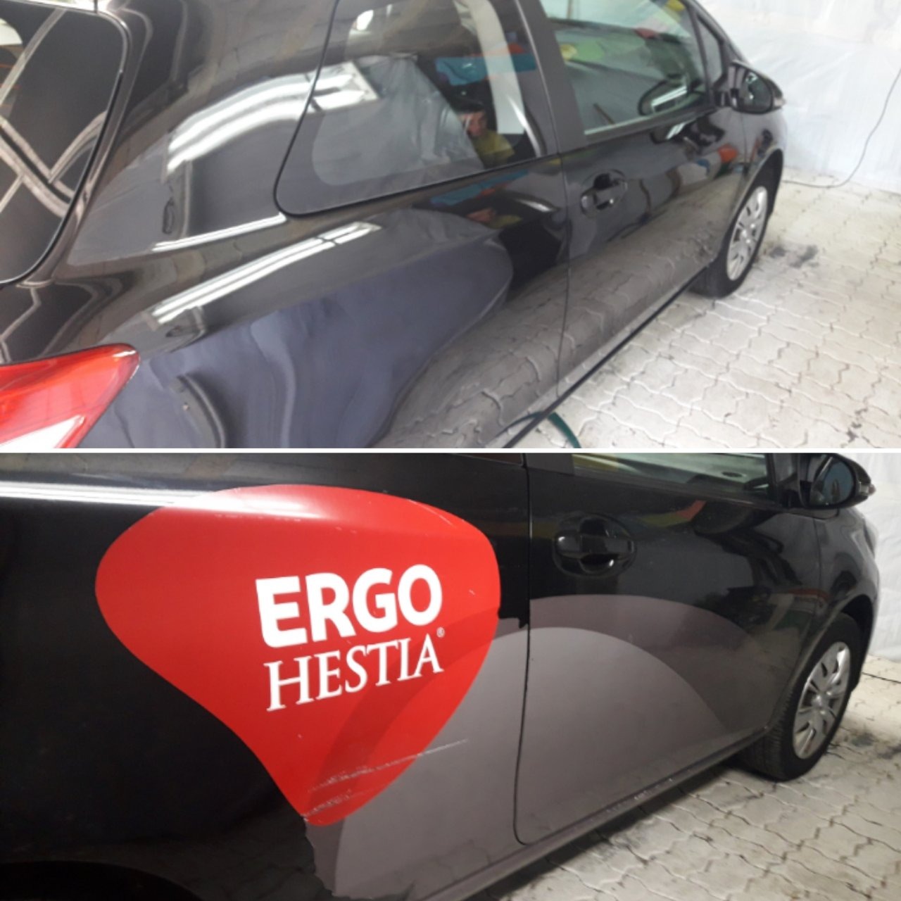 Czarne auto z czerwonym logo Ergo Hestia przed i po czyszczeniu, widoczne zarysowania usunięte z lakieru.