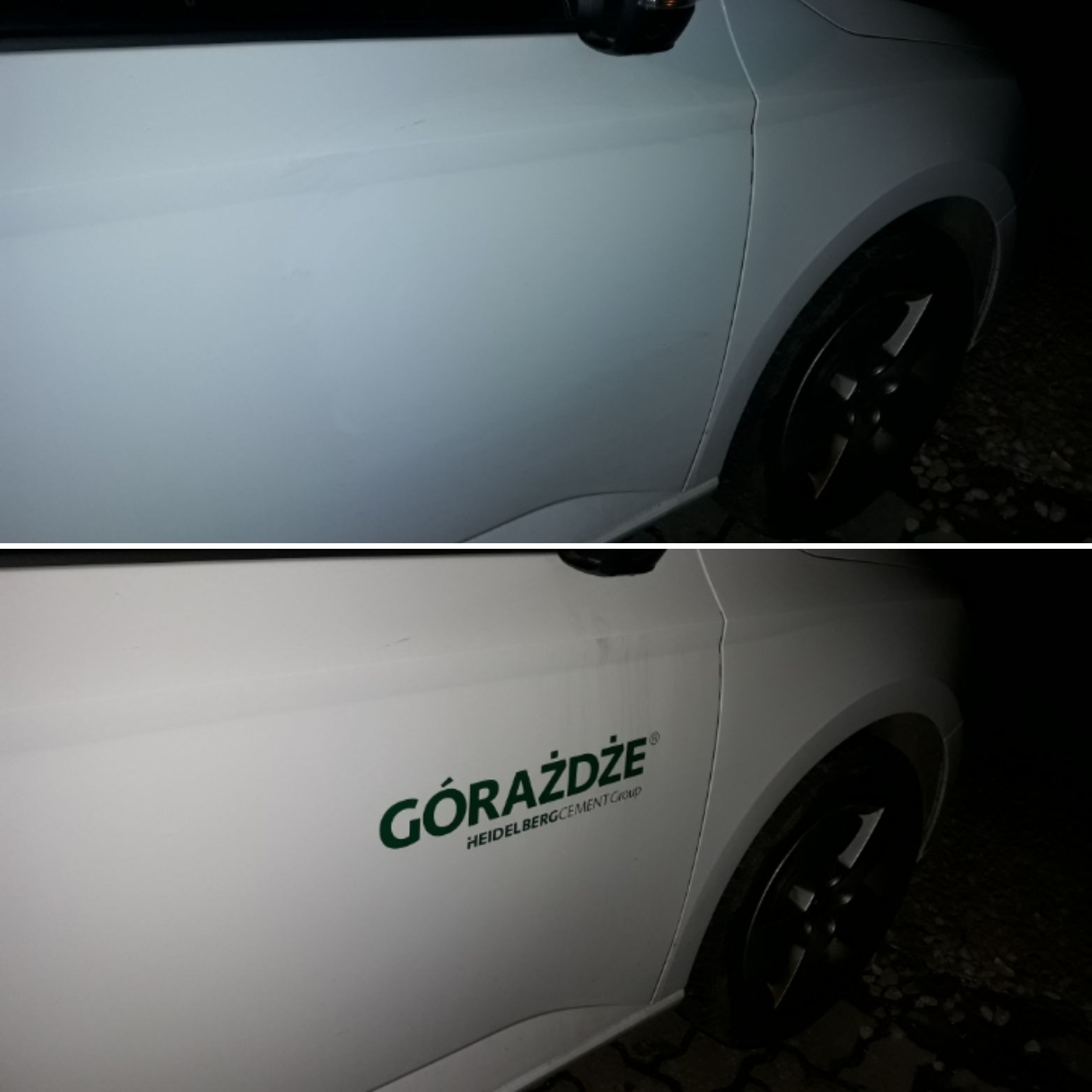 Biały samochód z widocznym logo firmy Górażdże HeidelbergCement Group, przed i po czyszczeniu, widoczne różnice w czystości karoserii.