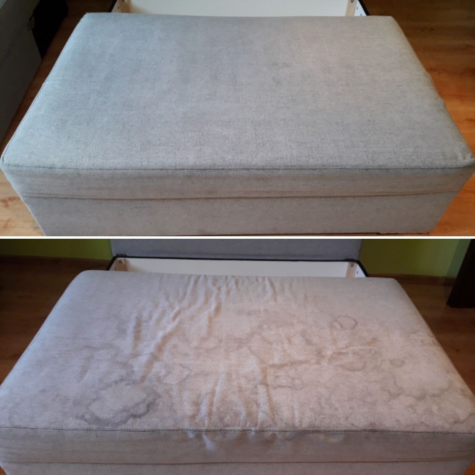 Pouf z szarej tapicerki, widok przed i po czyszczeniu, ukazujący wyraźną różnicę w wyglądzie tkaniny, z widocznymi plamami na dolnym zdjęciu.
