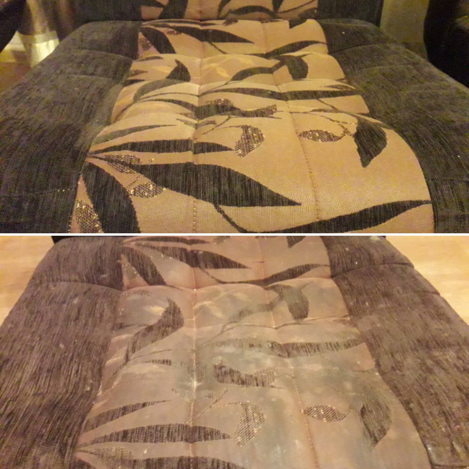 Porównanie stanu kanapy przed i po czyszczeniu tapicerki, widoczne wyraźne różnice w kolorze i czystości materiału.