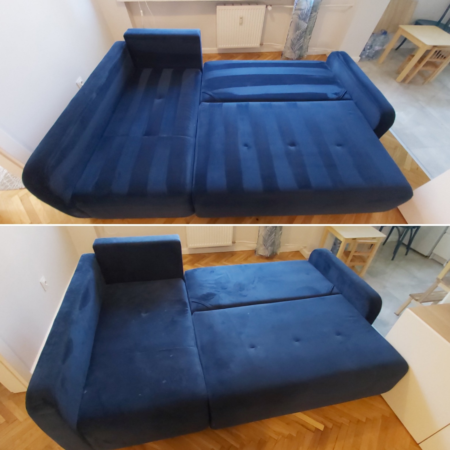 Dwuczęściowe ujęcie granatowej, rozkładanej kanapy przed i po czyszczeniu, widoczne wyraźne różnice w czystości i odświeżeniu tapicerki.