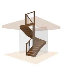 Lignum Design S.C. Monika Jakubowska Zbigniew Krupa - Wizualizacja 3D drewnianych schodów spiralnych z czarnymi balustradami, umieszczonych w przestrzeni z przezroczystymi ścianami i podłogą.