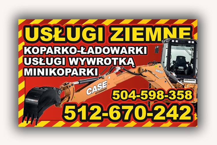 Grafika reklamowa usług ziemnych: koparko-ładowarki, usługi wywrotką, minikoparki, z widoczną koparko-ładowarką CASE i numerami telefonów na czerwono-żółtym tle.