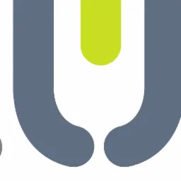 Abstrakcyjne logo firmy w odcieniach szarości, błękitu i limonki na białym tle.