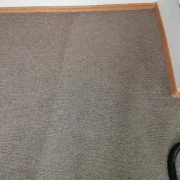 Fragment brązowego dywanu z widoczną różnicą w odcieniu po czyszczeniu, przy krawędzi widoczna listwa przypodłogowa i fragment węża odkurzacza.