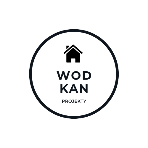 Logo firmy WOD KAN Projekty w czarnym okręgu, z ikoną domu powyżej nazwy.