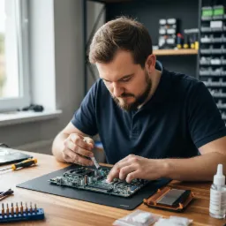Technik aplikuje pastę termoprzewodzącą na procesor laptopa. Widoczne narzędzia, płyta główna, radiator i akcesoria. Jasne oświetlenie, drewniany stół.
