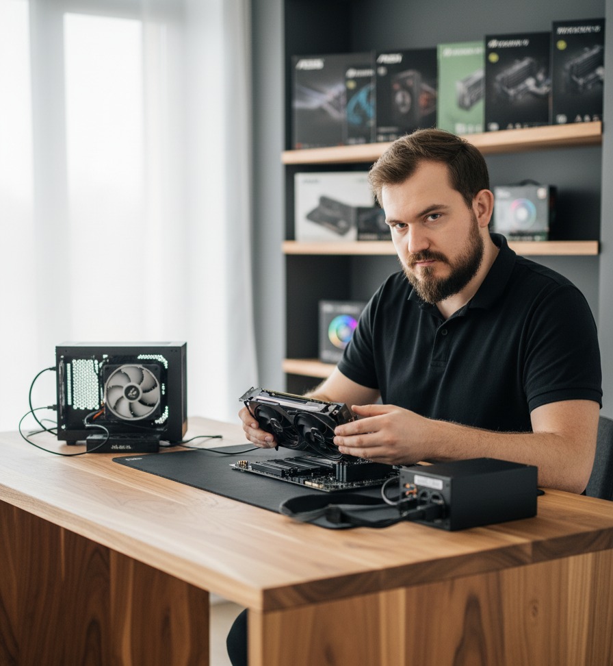 Mężczyzna z brodą montuje kartę graficzną do płyty głównej na drewnianym biurku. W tle obudowa komputera i półka z pudełkami podzespołów.
