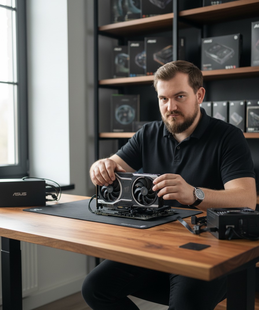 Mężczyzna instaluje kartę graficzną na płycie głównej, na drewnianym biurku, w tle półki z pudełkami po podzespołach komputerowych. Widoczne zasilacze.