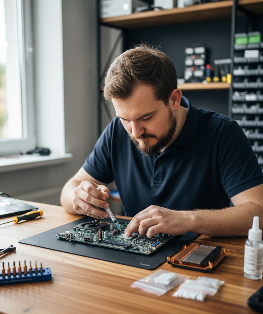 Technik aplikuje pastę termoprzewodzącą na procesor laptopa. Widoczne narzędzia, płyta główna, radiator i akcesoria. Jasne oświetlenie, drewniany stół.