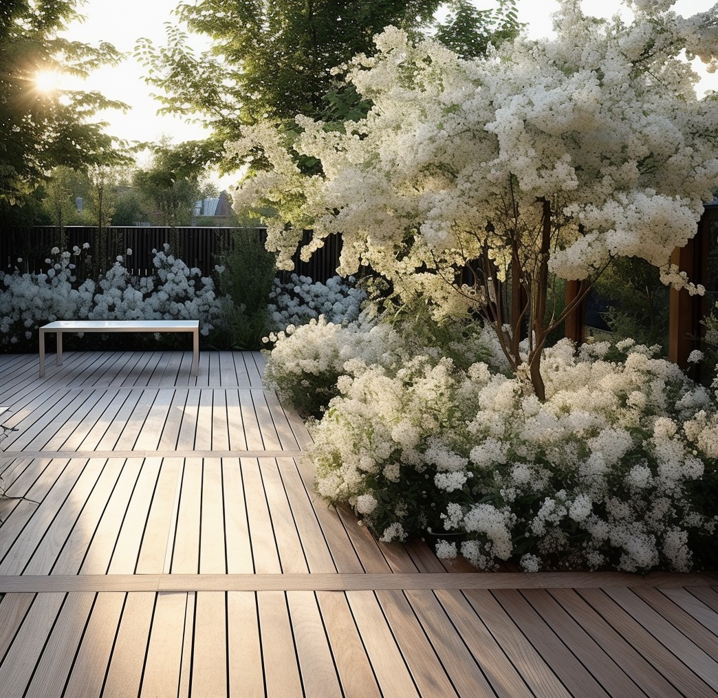Drewniany taras z białymi kwiatami i minimalistyczną ławką na tle ciemnego ogrodzenia, oświetlony popołudniowym słońcem.