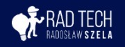 Logo firmy RAD TECH Radosław Szela z ikoną elektryka z żarówką na ciemnoniebieskim tle.
