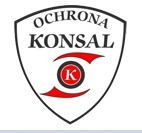 Logo w kształcie tarczy z napisem Ochrona Konsal i stylizowanym okiem z literą K w środku, czerwono-biała kolorystyka.