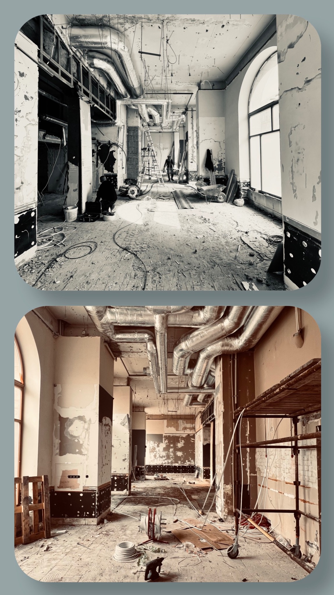 Zdjęcie przedstawia zestawienie stanu 'przed' i 'po' remontu wnętrza, z widocznymi rurami wentylacyjnymi pod sufitem i instalacjami elektrycznymi w trakcie prac.