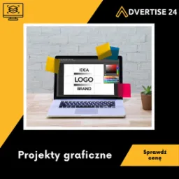Laptop na biurku z otwartym programem graficznym prezentującym koncepcję logo i brandingu, otoczony kolorowymi karteczkami samoprzylepnymi i małą rośliną doniczkową.
