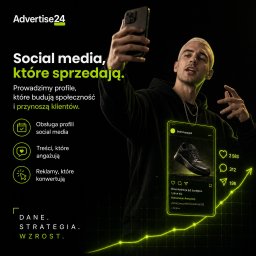 Szymon Przybylski - Advertise 24 - Mężczyzna z telefonem prezentuje post z butami sportowymi. Obok tekst o social mediach, zielone ikony usług i rosnący wykres, symbolizujący wzrost sprzedaży i klientów.