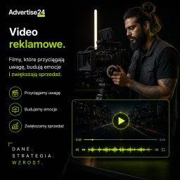 Szymon Przybylski - Advertise 24 - Mężczyzna z brodą i kokiem obsługujący profesjonalną kamerę filmową, oświetlony pionową lampą. Grafika 'Video reklamowe' z interfejsem odtwarzacza wideo i nocnym miastem.