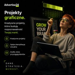 Szymon Przybylski - Advertise 24 - Kobieta w okularach z rudymi włosami, trzymająca rysik, patrzy w górę, pracując przy monitorze z oprogramowaniem graficznym i zielonym wykresem.