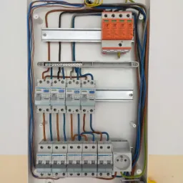 Rozdzielnica elektryczna w obudowie z widocznymi bezpiecznikami, ogranicznikami przepięć, listwami zaciskowymi i przewodami w różnych kolorach.