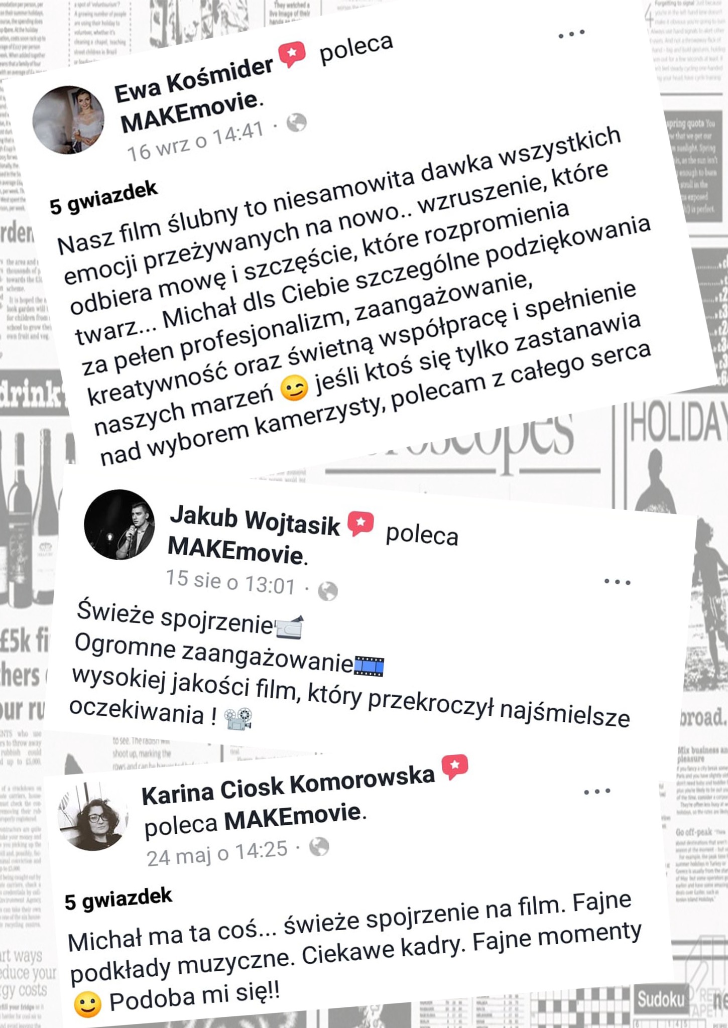 Zrzut ekranu z Facebooka prezentujący rekomendacje filmów ślubnych od zadowolonych klientów, podkreślających profesjonalizm i kreatywność twórców.