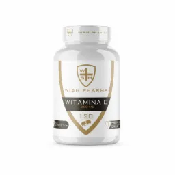 Grafika opakowania witaminy C 1000mg firmy Wish Pharma w białej butelce z elementami graficznymi w kolorze złotym.