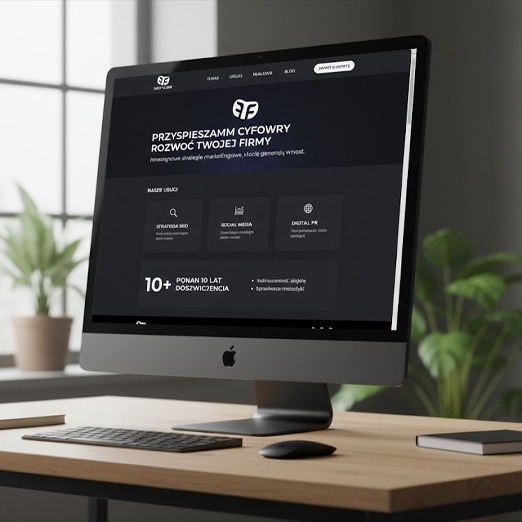 Ekran komputera iMac prezentuje stronę internetową z ciemnym motywem, podkreślającą usługi SEO, social media i digital PR. Minimalistyczny design, biurko z rośliną w tle.