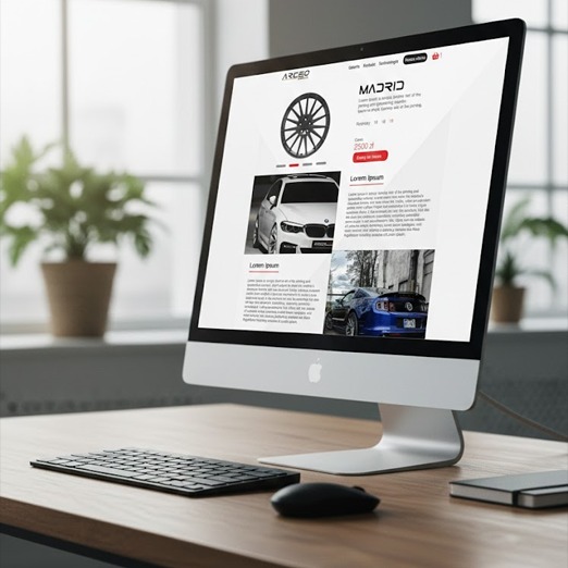 Ekran komputera iMac prezentuje stronę internetową z ofertą felg samochodowych, widoczne zdjęcia aut i detale produktu na drewnianym biurku z akcesoriami.