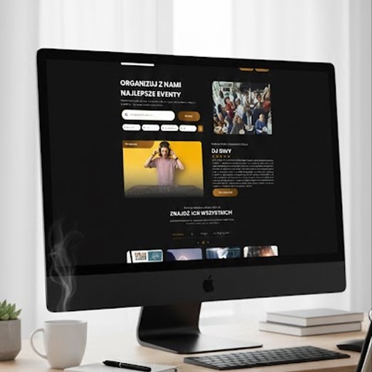 Ekran komputera iMac prezentujący ciemną stronę internetową z ofertą organizacji eventów i DJ-ów, na biurku z kawą i klawiaturą.
