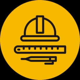 Ikona przedstawiająca kask budowlany, linijkę i ołówek na żółtym tle.
