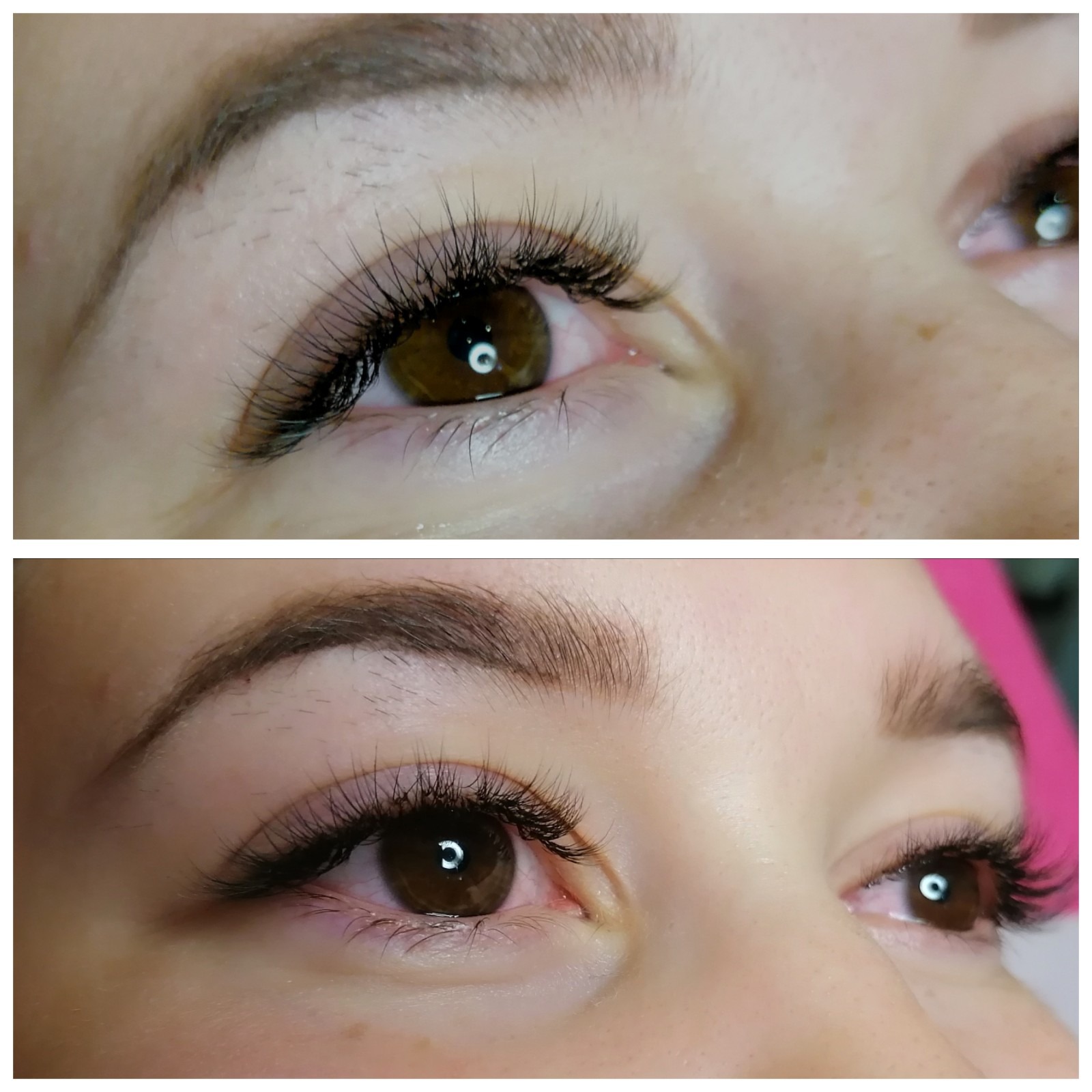 Zbliżenie na oczy po zabiegu przedłużania rzęs, widoczne brązowe tęczówki i delikatny makijaż brwi, ujęcie z góry i z dołu.