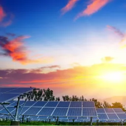 Rząd paneli słonecznych w polu, uchwycony podczas wschodu słońca z malowniczymi, pomarańczowo-różowymi chmurami na niebie.