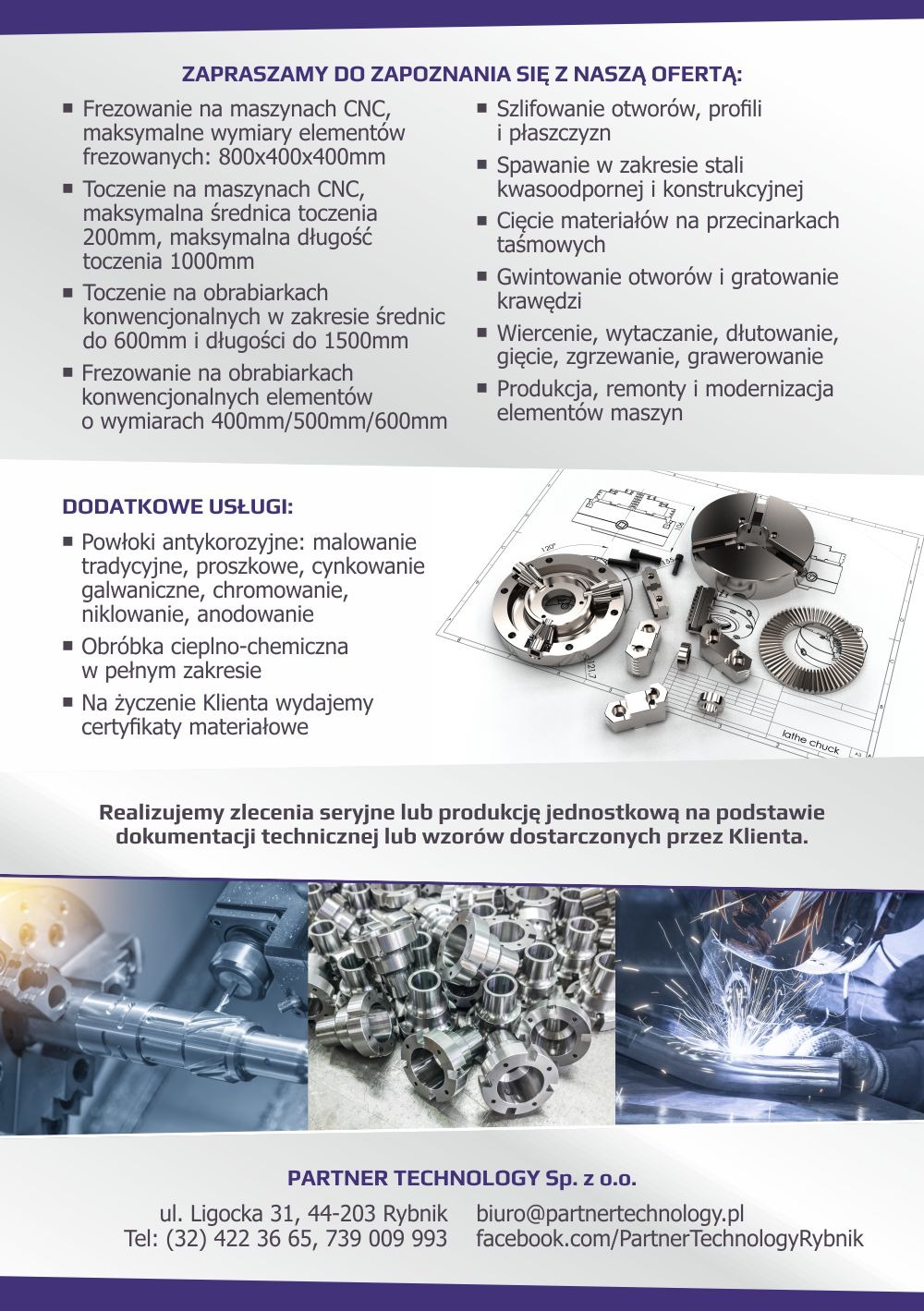 Ujęcie z góry na rysunek techniczny z elementami metalowymi, poniżej zbliżenie na detale obrabiane na tokarce oraz spawanie rury z iskrami.