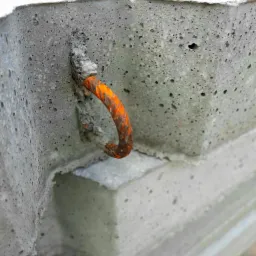 Fragment betonowego elementu prefabrykowanego z widocznym, rdzewiejącym uchwytem transportowym, ukazujący porowatą strukturę betonu.