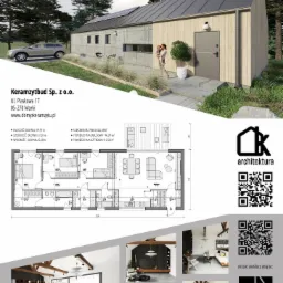 Wizualizacja parterowego domu z elementami keramzytu i drewna, z panelem słonecznym na dachu, projekt domu z rzutem architektonicznym i wizualizacjami wnętrz.