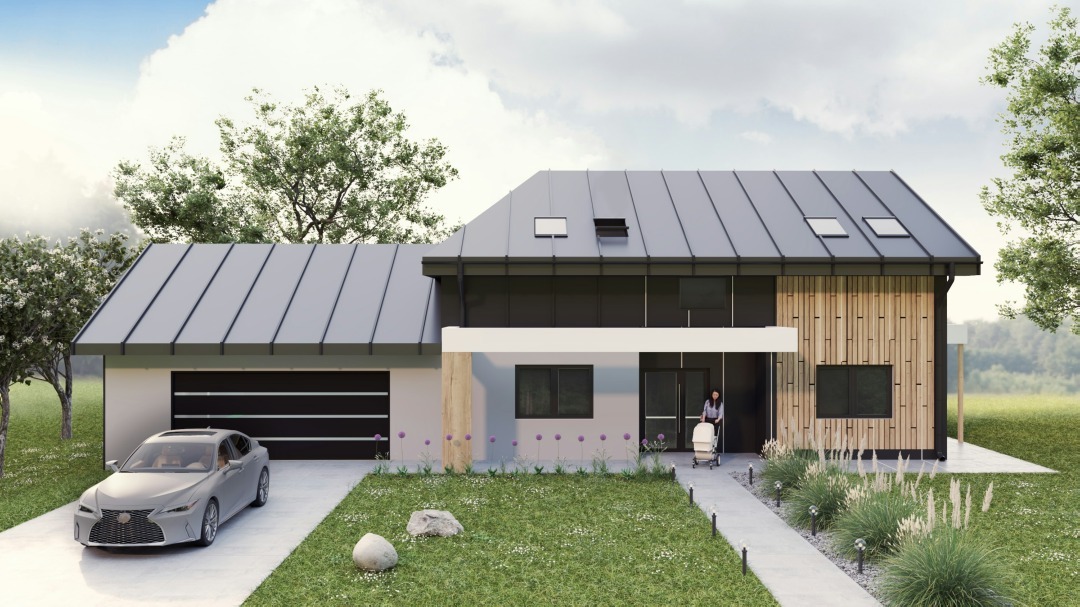 Wizualizacja nowoczesnego domu jednorodzinnego z szarą blachą na dachu, drewnianą elewacją, garażem z bramą segmentową, podjazdem z szarym samochodem i ogrodem z ozdobnymi trawami oraz kobietą...