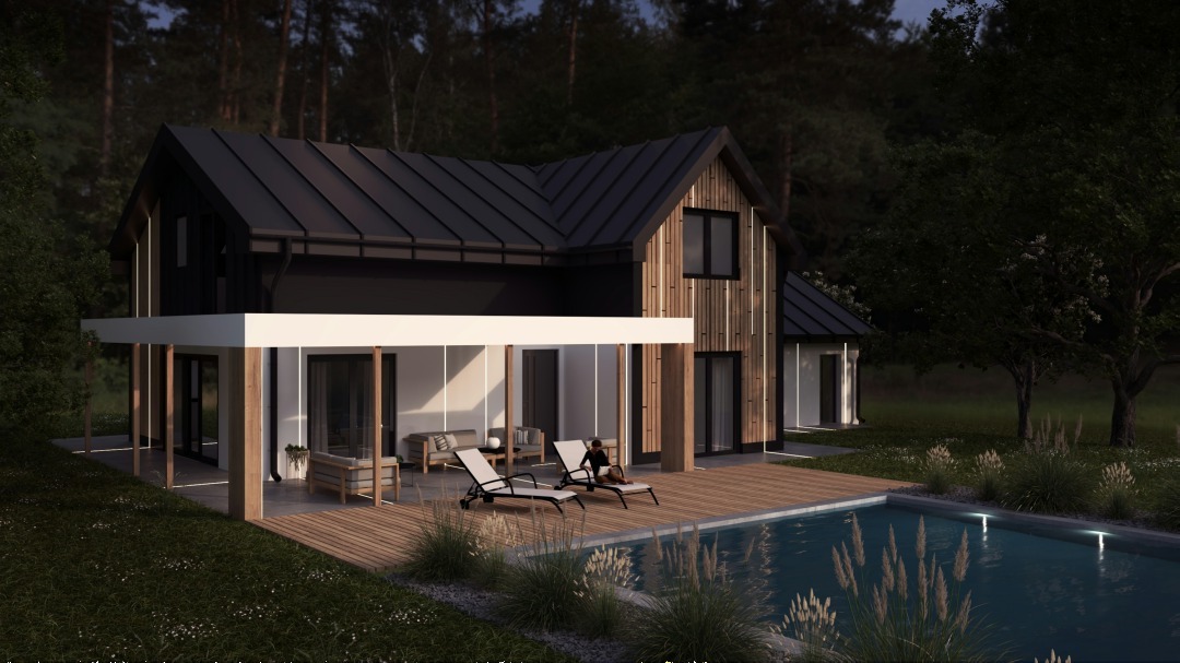 Wizualizacja domu szkieletowego z ciemnym dachem, drewnianą elewacją i tarasem z basenem w otoczeniu drzew.