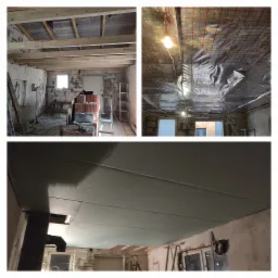 Trzyetapowy remont sufitu: od drewnianej konstrukcji nośnej, przez instalację ogrzewania podłogowego, po montaż płyt gipsowo-kartonowych.