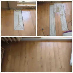 Trzy kadry: przygotowanie podłoża pod panele z widocznymi śladami po cięciu, częściowo ułożone panele oraz gotowa podłoga z paneli pod grzejnikiem.