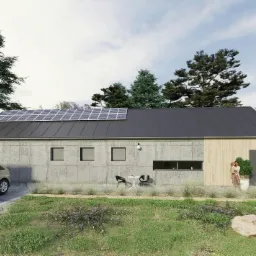 Nowoczesny dom jednorodzinny w Zielonej Górze z panelami słonecznymi na dachu, wykończony betonem architektonicznym i drewnem, z minimalistycznym zestawem mebli ogrodowych i samochodem na podjeździe.