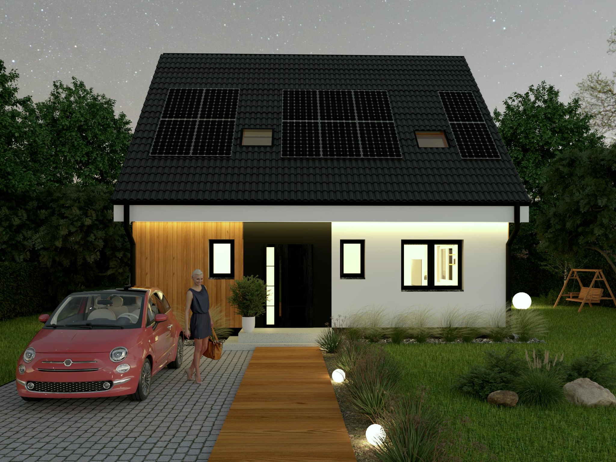 Nowoczesny dom jednorodzinny z panelami słonecznymi na dachu, oświetlony kulistymi lampami ogrodowymi, z czerwonym samochodem i kobietą w sukience na podjeździe.