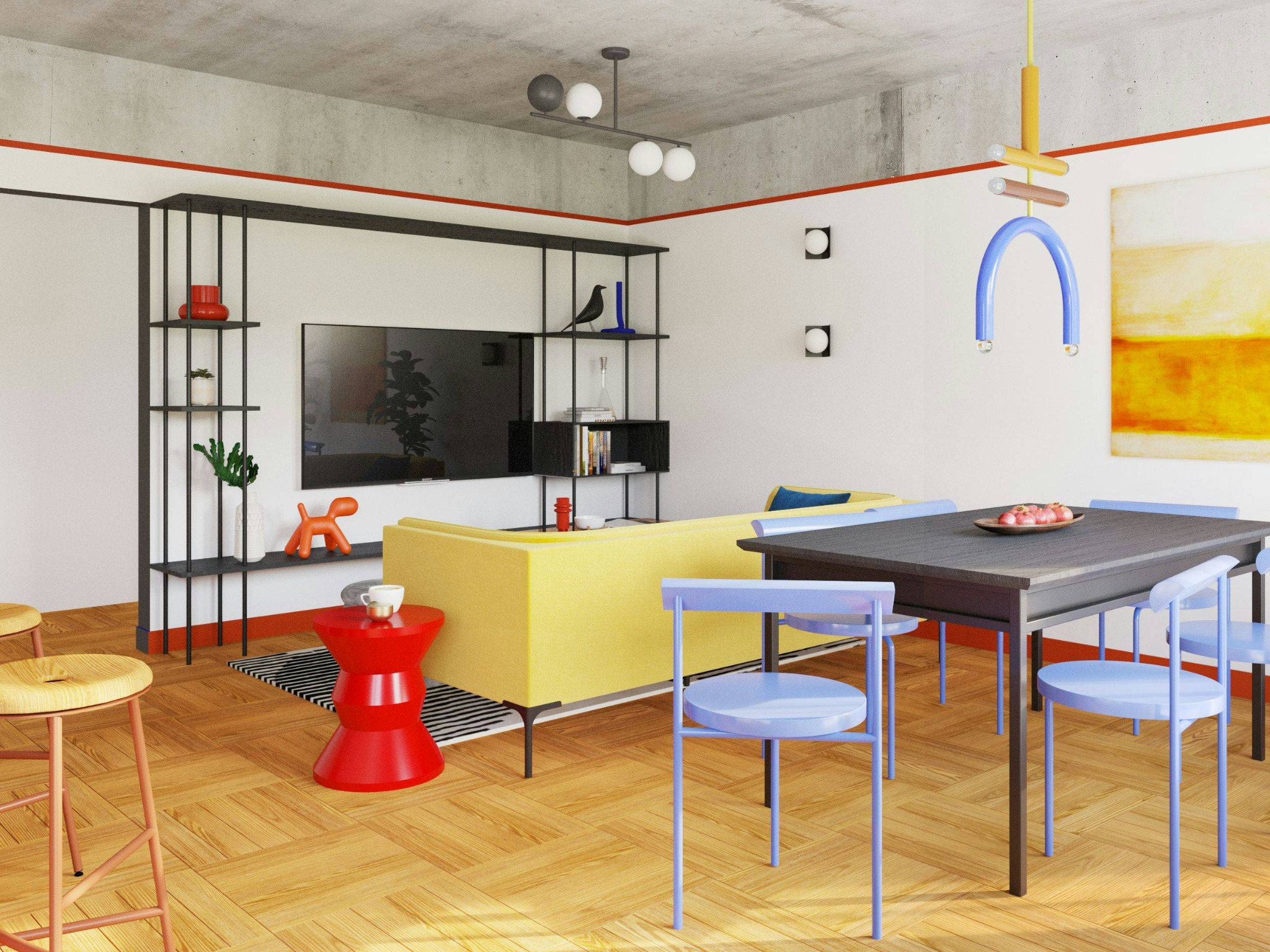 Nowoczesne wnętrze z żółtą sofą, ciemnym stołem i błękitnymi krzesłami na drewnianej podłodze, oświetlone designerskimi lampami.