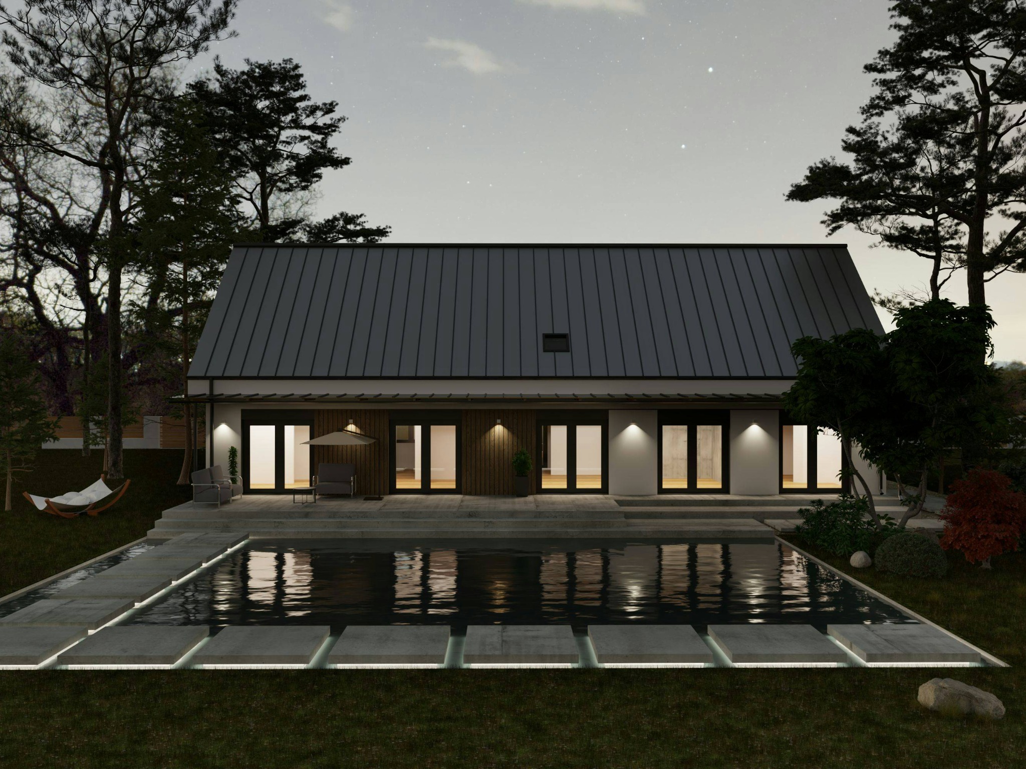 Nowoczesny dom z ciemnym dachem i basenem oświetlonym od dołu, widok nocą z gwiazdami na niebie, hamak zawieszony obok