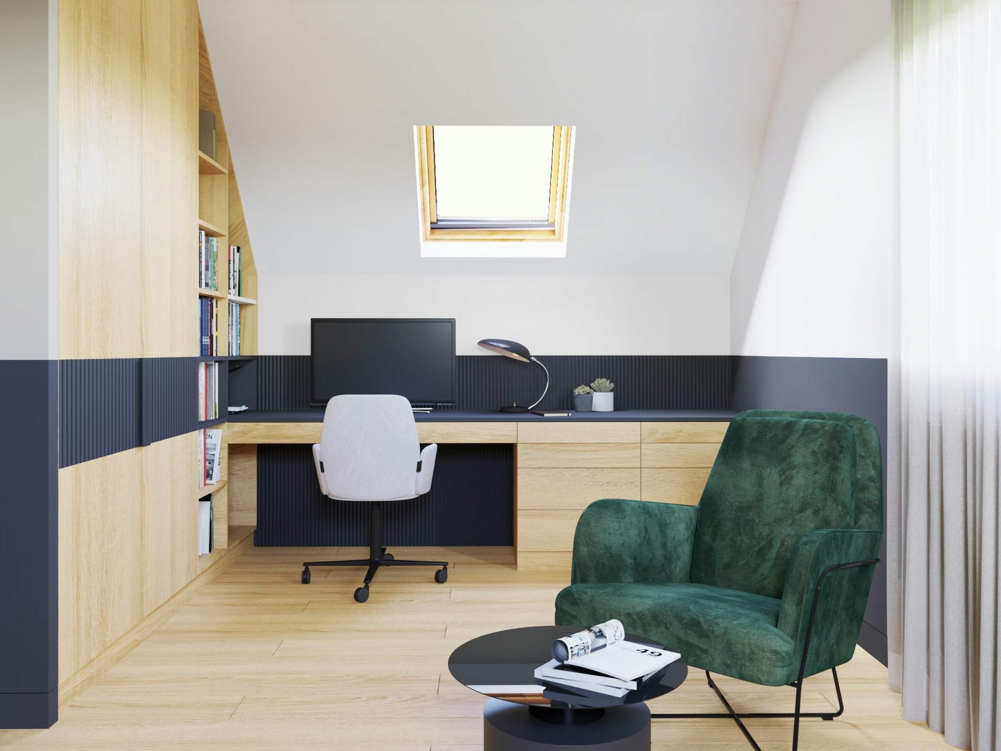 Wnętrze poddasza zaaranżowane jako domowe biuro z drewnianymi meblami na wymiar, zielonym fotelem i oknem dachowym.