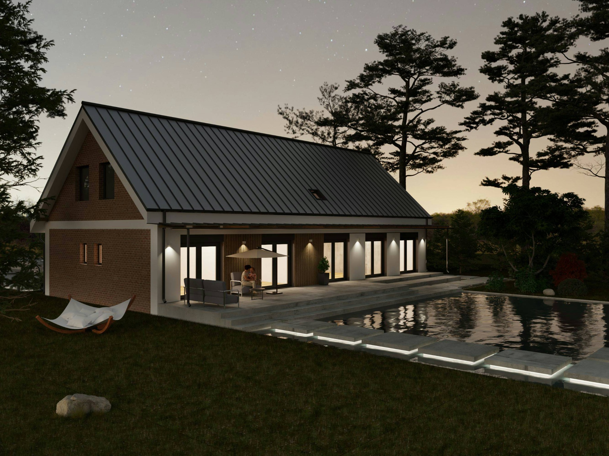 Nowoczesny dom modułowy z dachem dwuspadowym, oświetlonym basenem i relaksującą strefą wypoczynkową na tarasie, pod nocnym niebem.